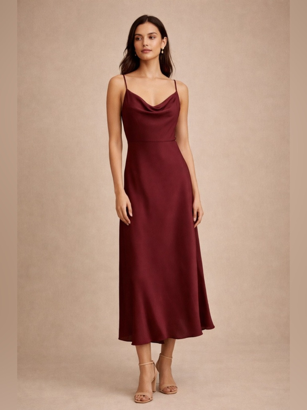 DB Studio Burgundy Satin Cowl Neck Slip Dress Formal Wedding Guest Midi Size 2